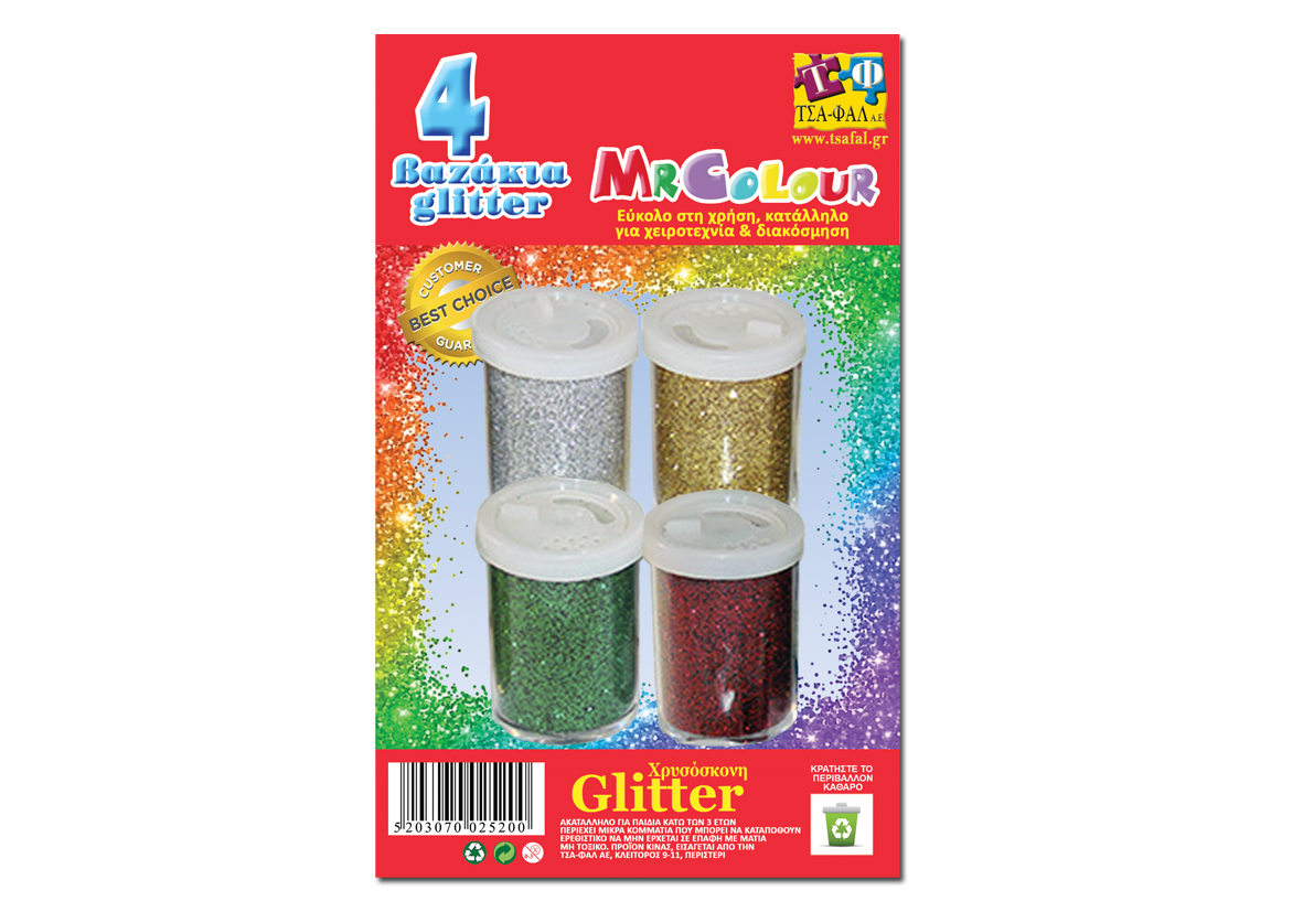 ΤΣΑ-ΦΑΛ  Βαζάκι glitter Blister 4tmx διαφορα Χρώματα, Σ2520.4 - ΤΣΑ-ΦΑΛ