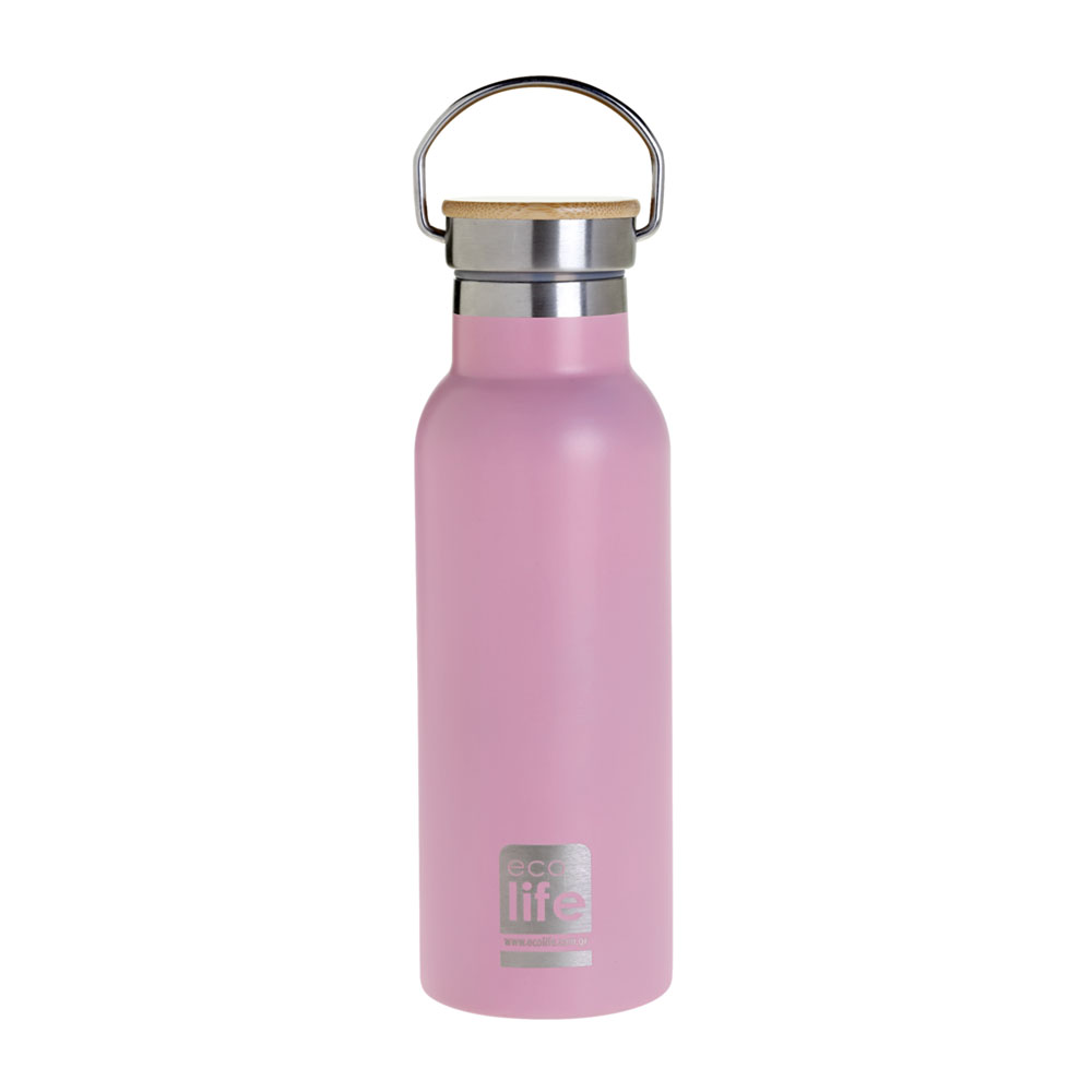 Ecolife μεταλλικό μπουκάλι θερμός bamboo lid 500ml ροζ - Ecolife