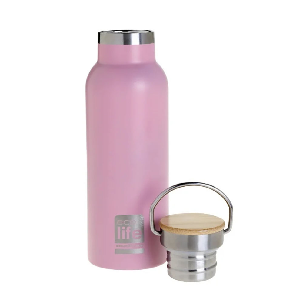 Ecolife μεταλλικό μπουκάλι θερμός bamboo lid 500ml ροζ - Ecolife