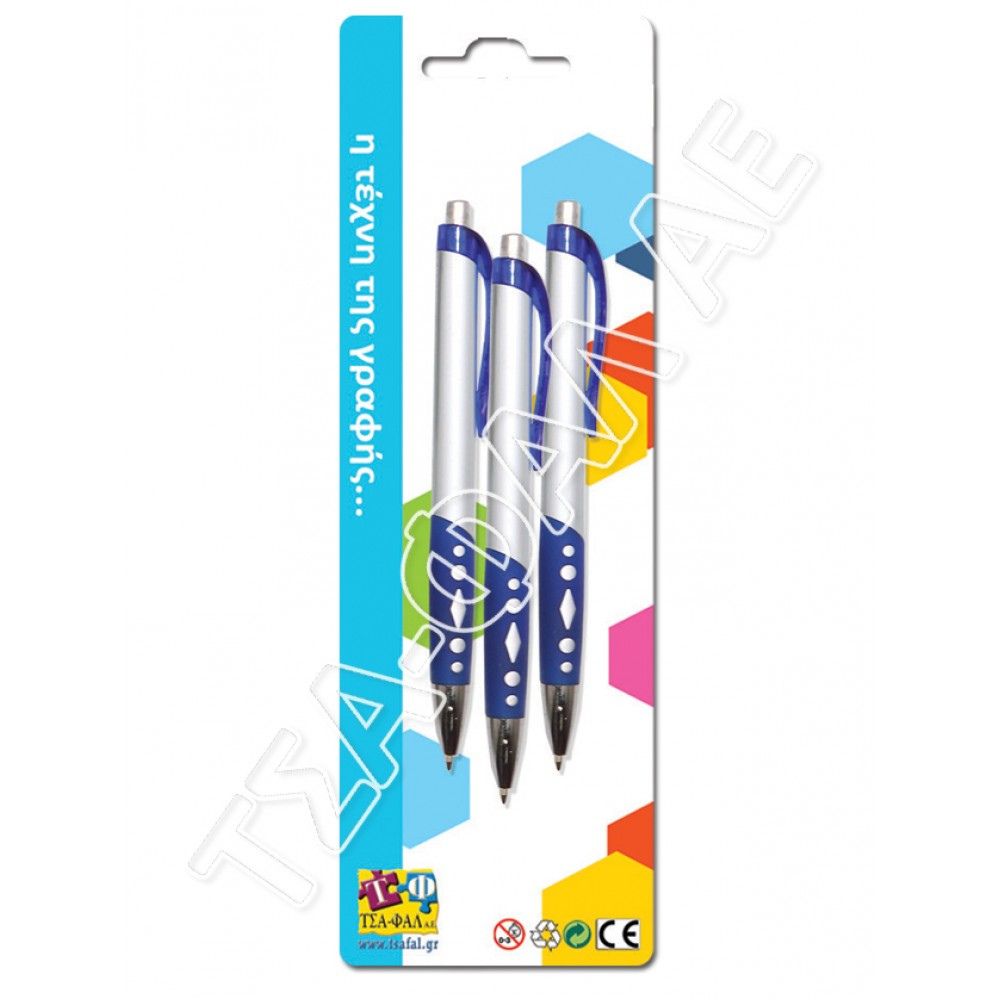 ΤΣΑ-ΦΑΛ Τσα-Φαλ 3 Στυλό OTM 9130 0,7mm με Λαστιχάκι, Blister Σ04093